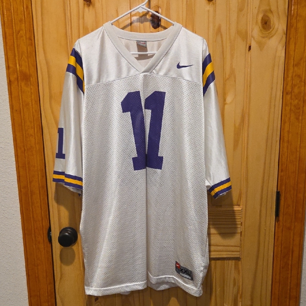 Nike White and Purple Men's Jersey with Yellow Stripes